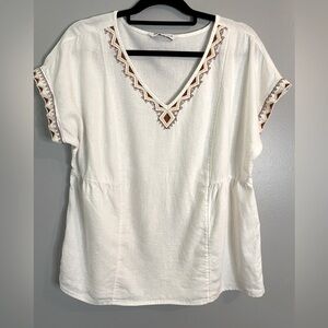 SONOMA Womens SZ/M Popover Top Linen-Rayon V-Neck Short Sleeve Boho Aztec detail